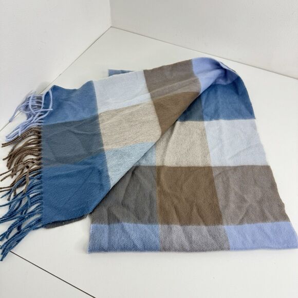 100% cashmere made in scotland scarf Unisex Fringe Blue Tan Plaid - Picture 1 of 6